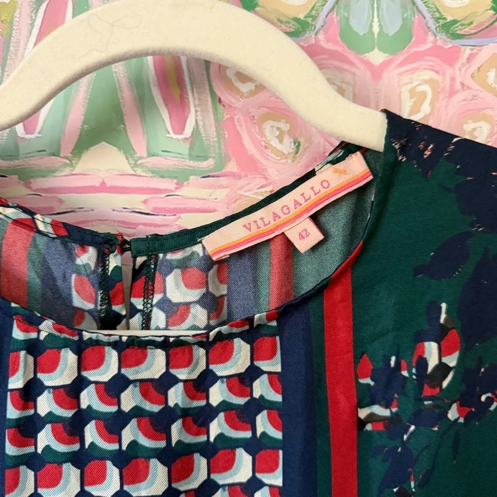Vilagallo Green red Print silk long sleeve midi dress - Picture 2 of 5